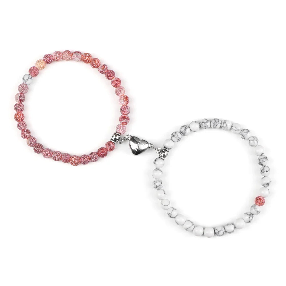 Magnetic Gourmette Couple Bracelets Pink and White Beads