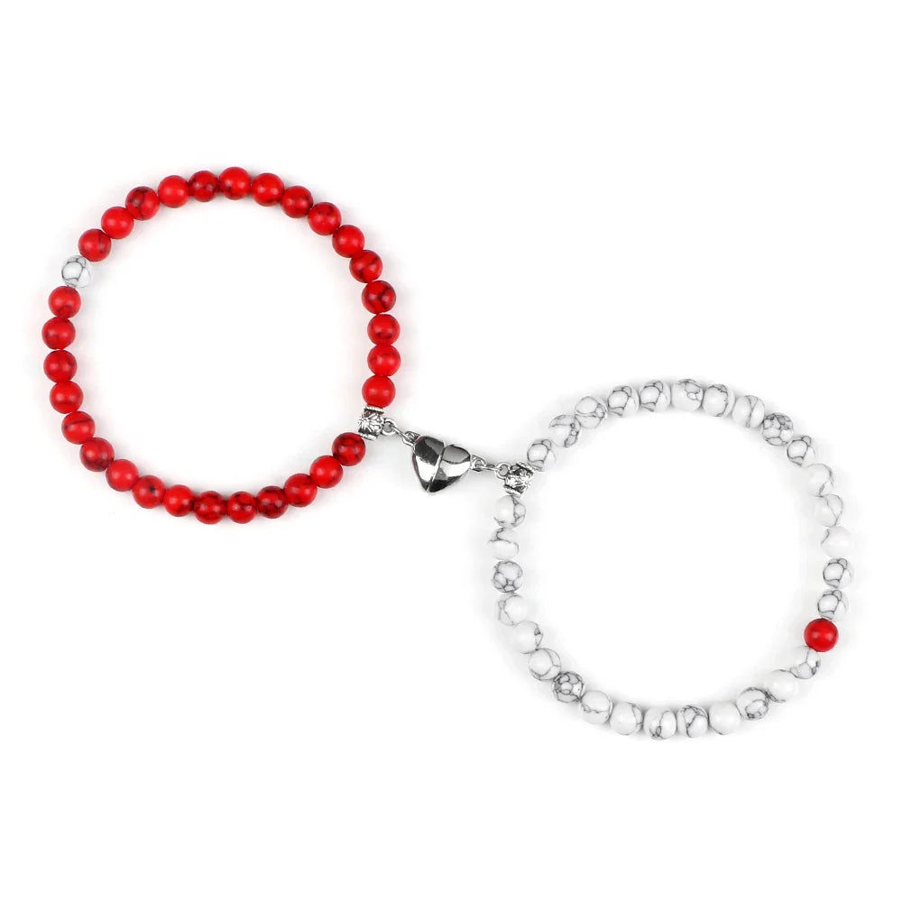 Magnetic Gourmette Couple Bracelets Red and White Beads