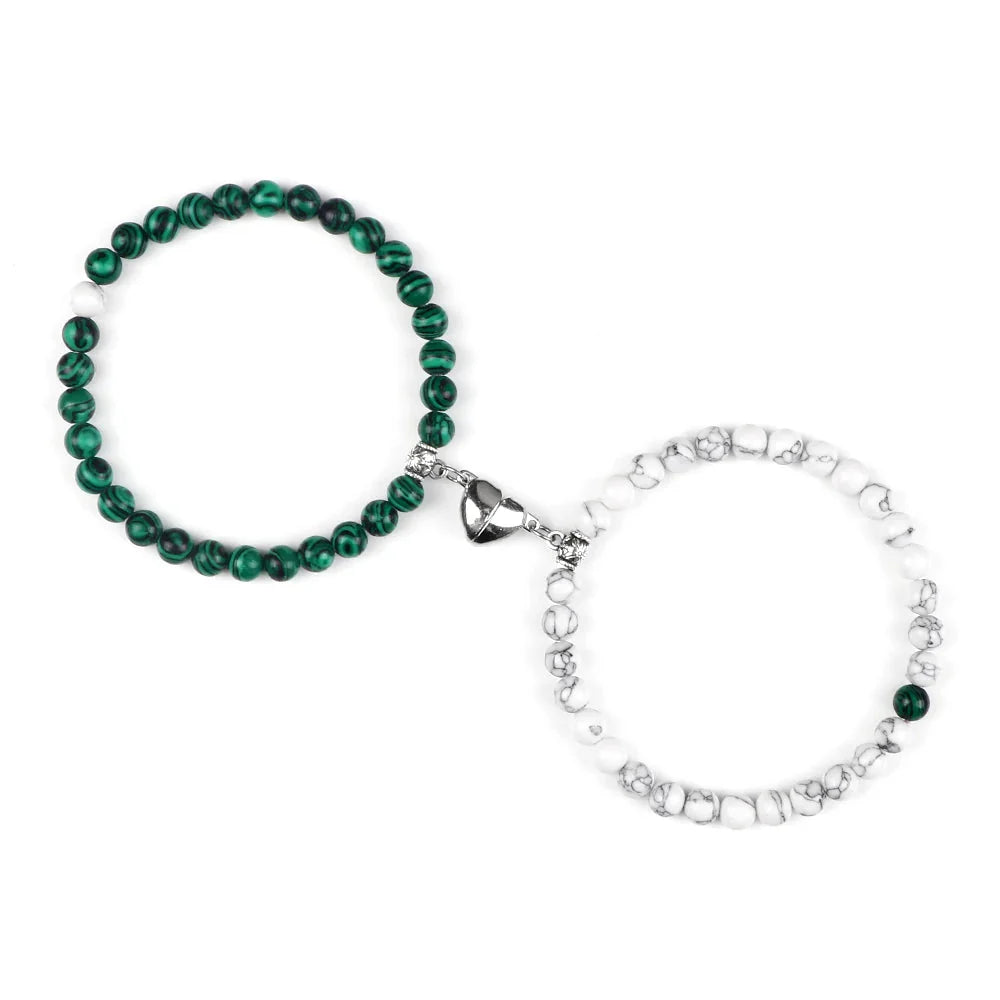 Magnetic Gourmette Couple Bracelets Green and White Beads