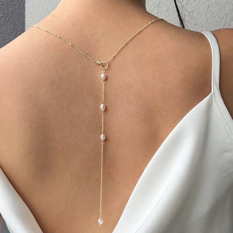 Chaîne dorsale pour femme - Collier de dos avec perles blanches