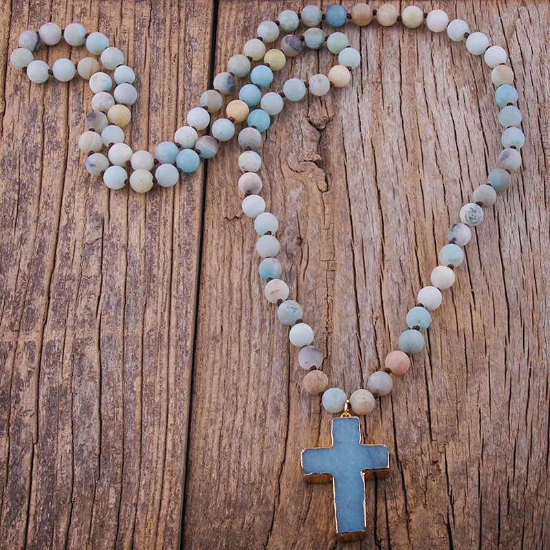 Rosary Cross Pendant Necklace in Natural Amazonite Stones