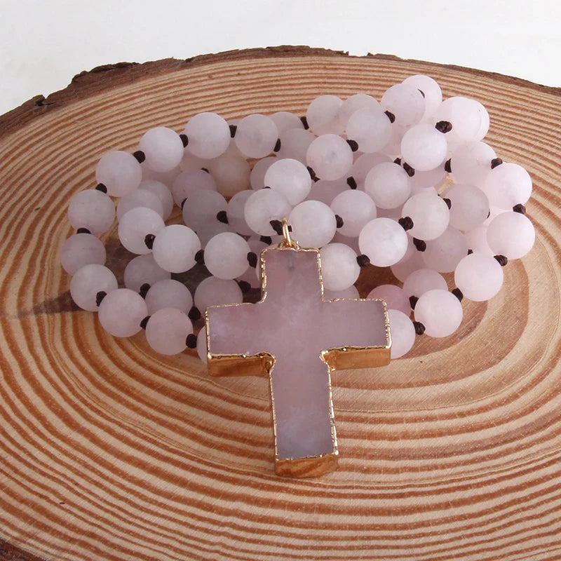 Rosary Cross Pendant Necklace in Natural Pink Stones