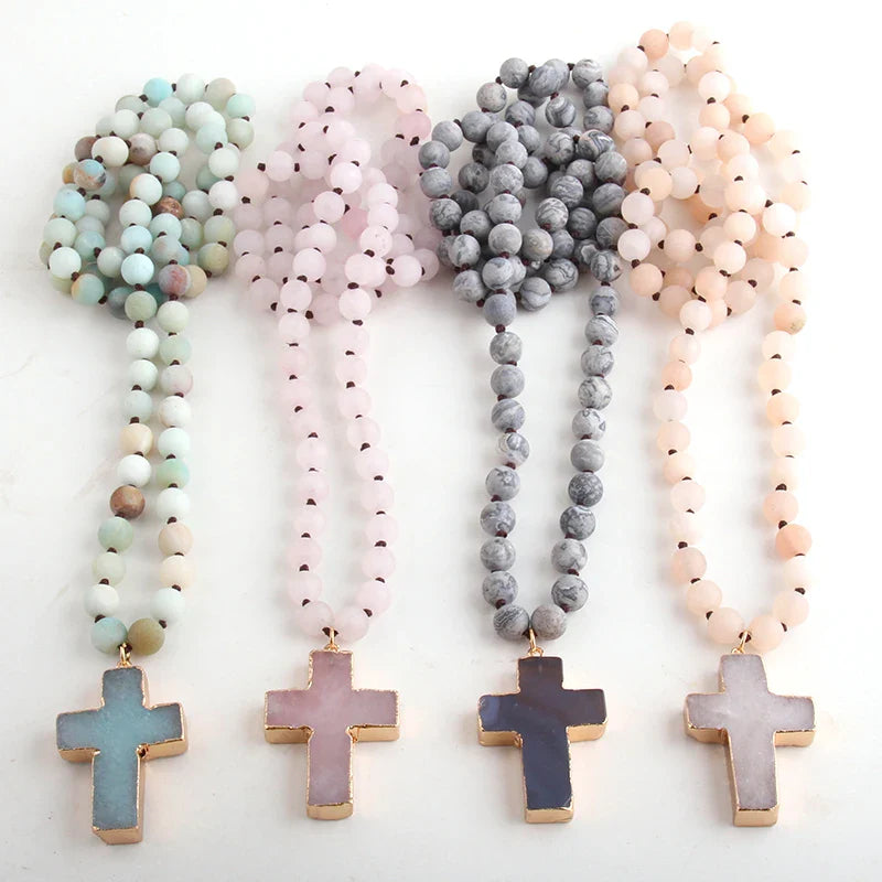 Rosary Cross Pendant Necklace in Natural Beige Stones