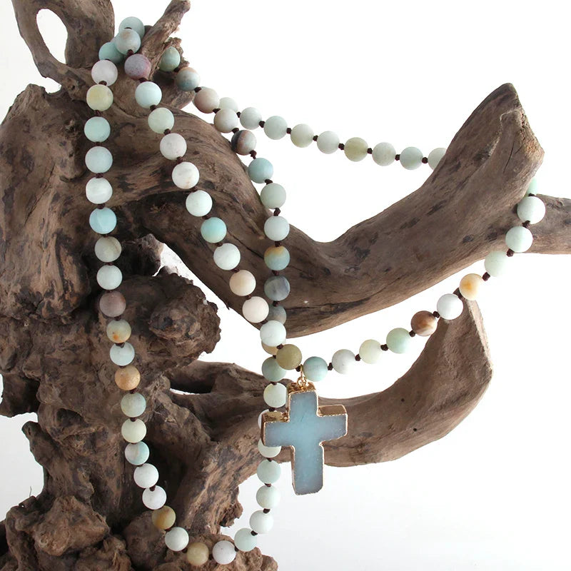 Rosary Cross Pendant Necklace in Natural Amazonite Stones