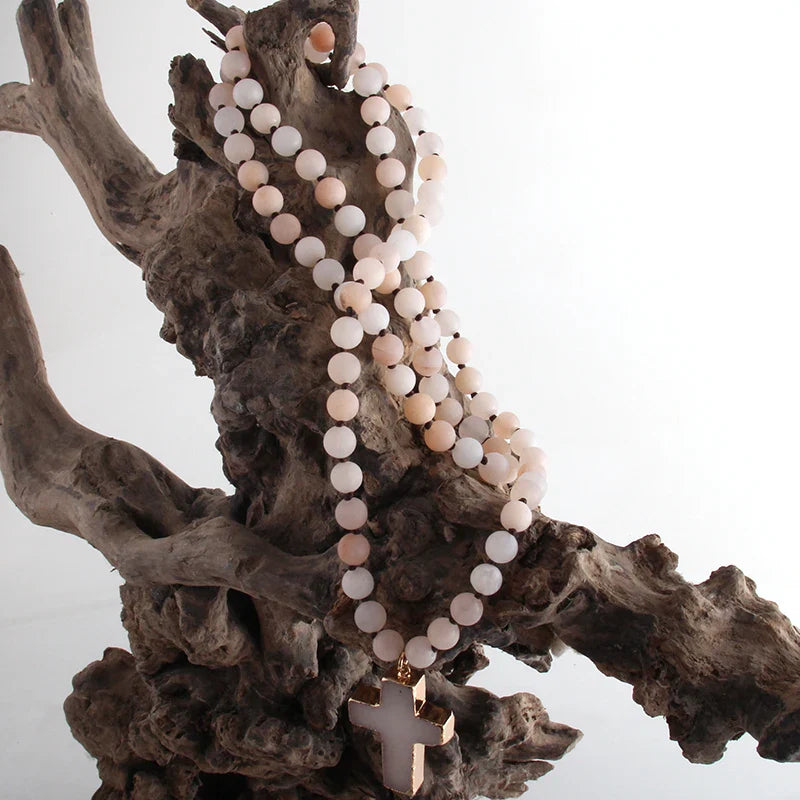 Rosary Cross Pendant Necklace in Natural Beige Stones