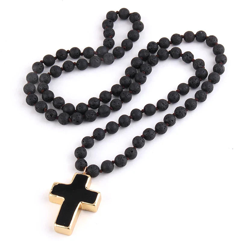 Rosary Cross Pendant Necklace in Natural Lava Stones