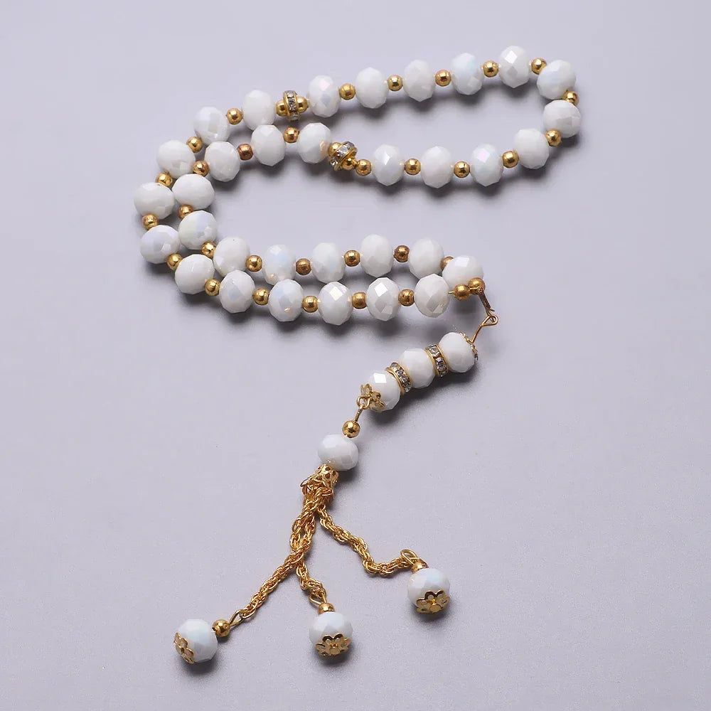Chapelet musulman élégant - Tasbih islamique 33 perles blanc et doré