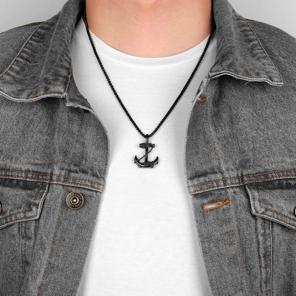 Collier ancre homme noir