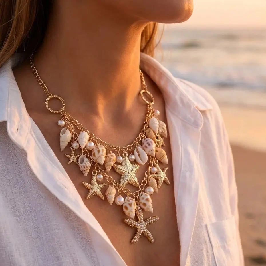 Collier avec grand pendentif coquillages et étoiles de mer