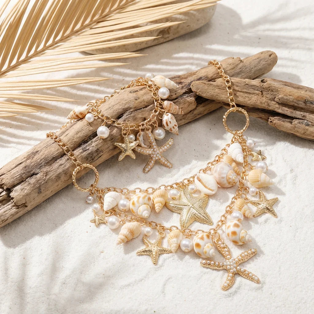 Collier avec grand pendentif coquillages et étoiles de mer