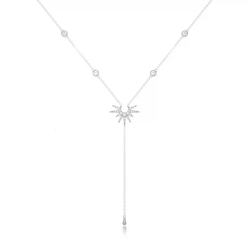 Necklace with Long Silver Sun Pendant