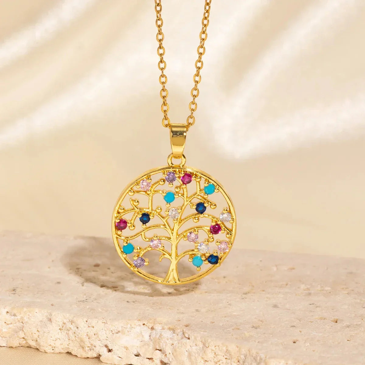 Necklace with Tree of Life Pendant with Multicolored Zircon