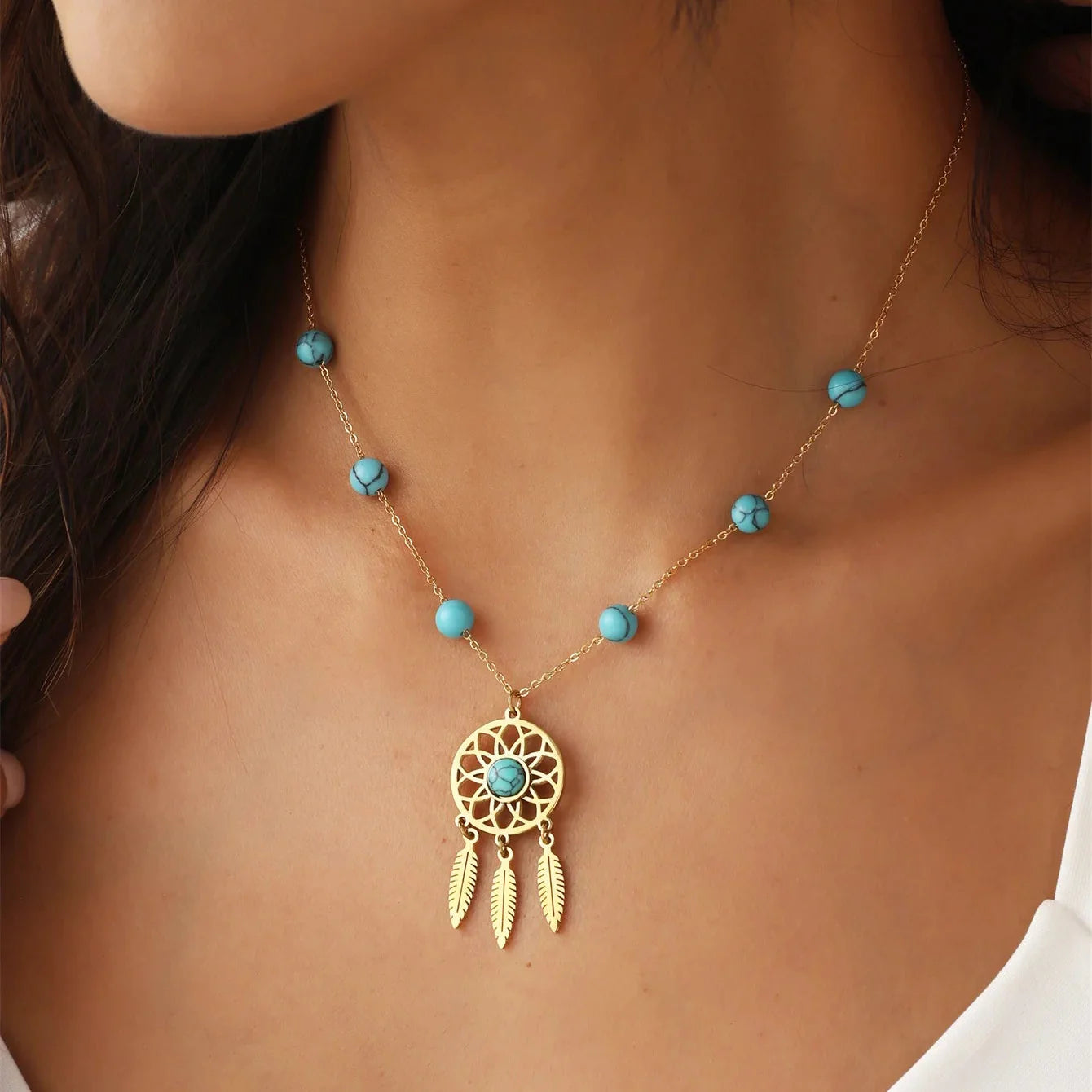 Necklace with Dreamcatcher Pendant and Turquoise Beads