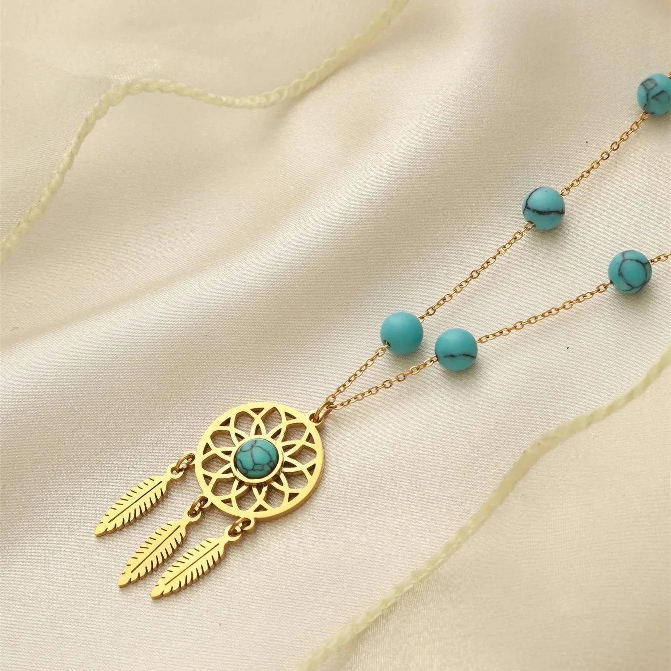 Necklace with Dreamcatcher Pendant and Turquoise Beads