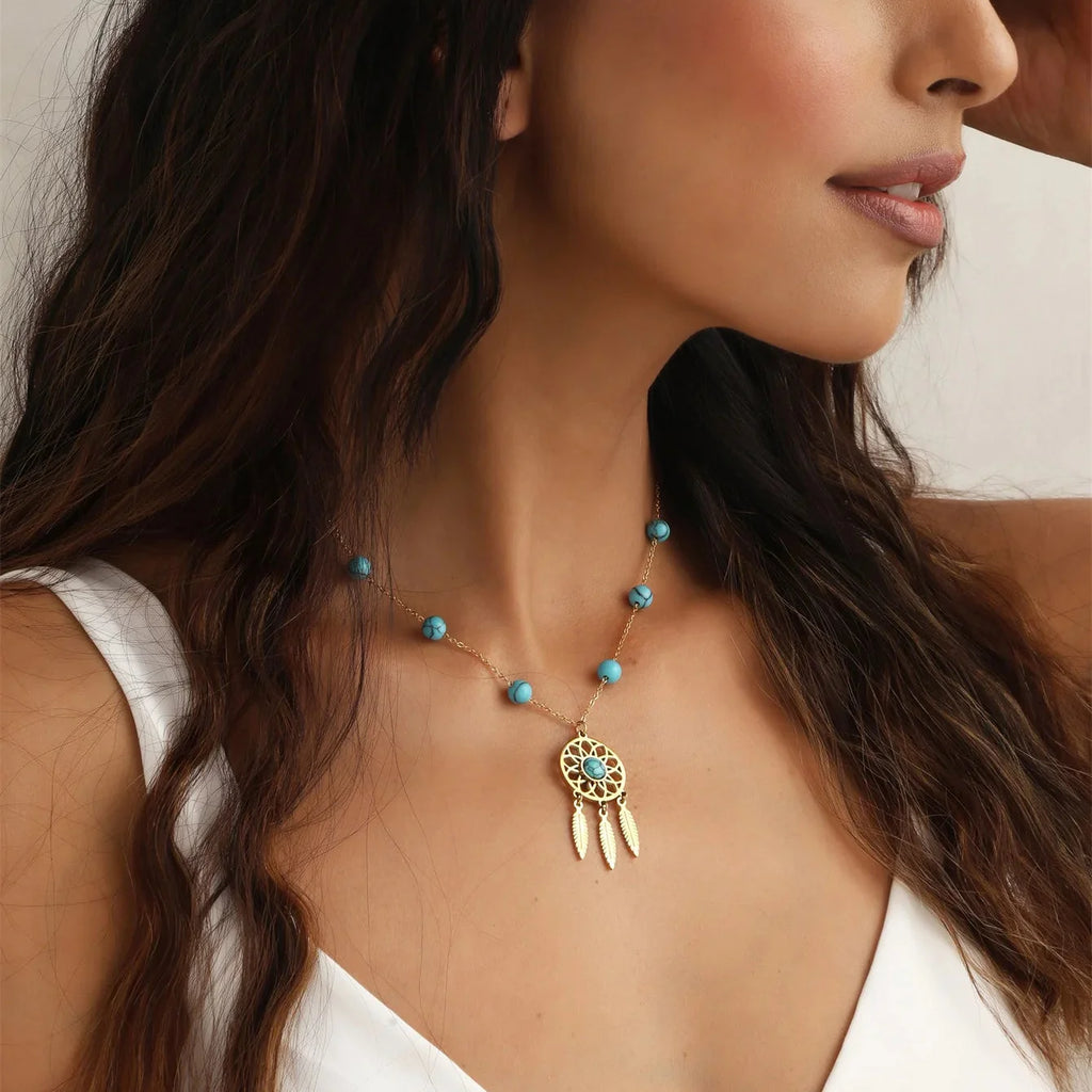 Necklace with Dreamcatcher Pendant and Turquoise Beads