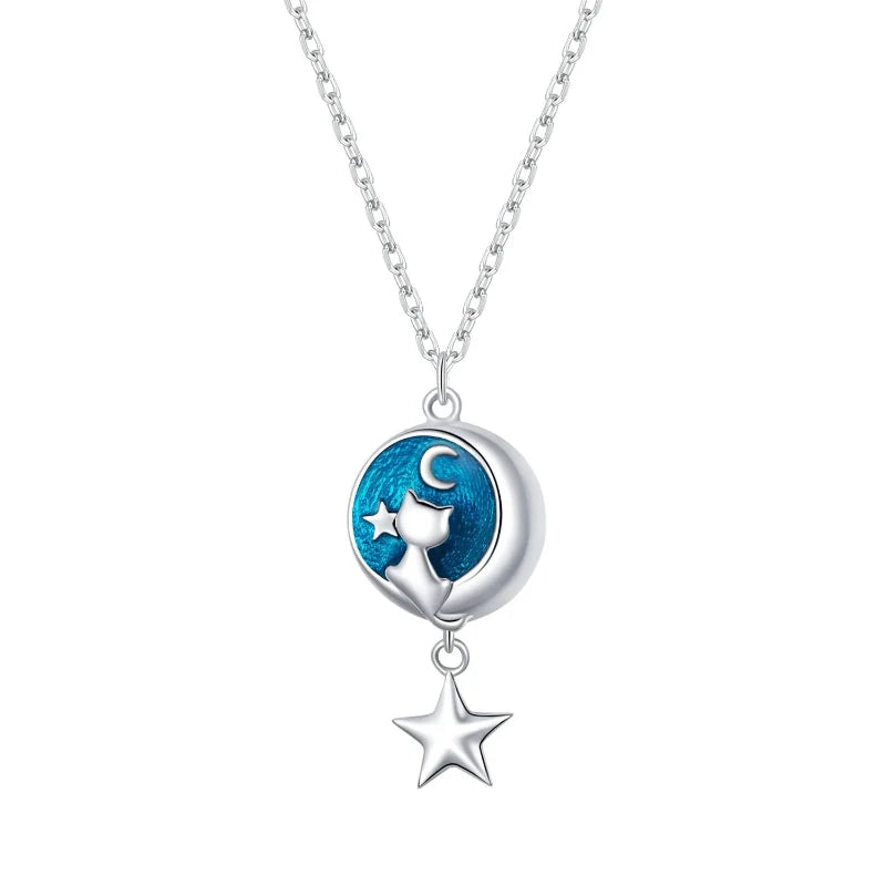Necklace with Pendant with Moon and Cat Decoration