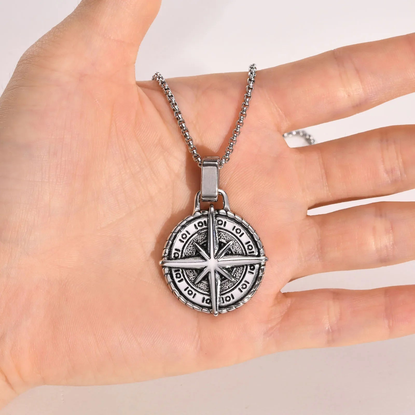 Necklace with Compass Rose Pendant for Men silver