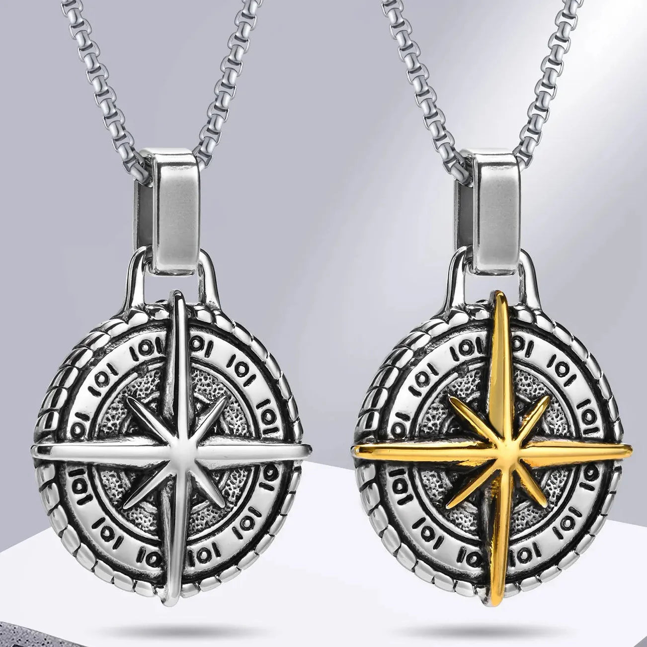 Necklace with Compass Rose Pendant for Men gold