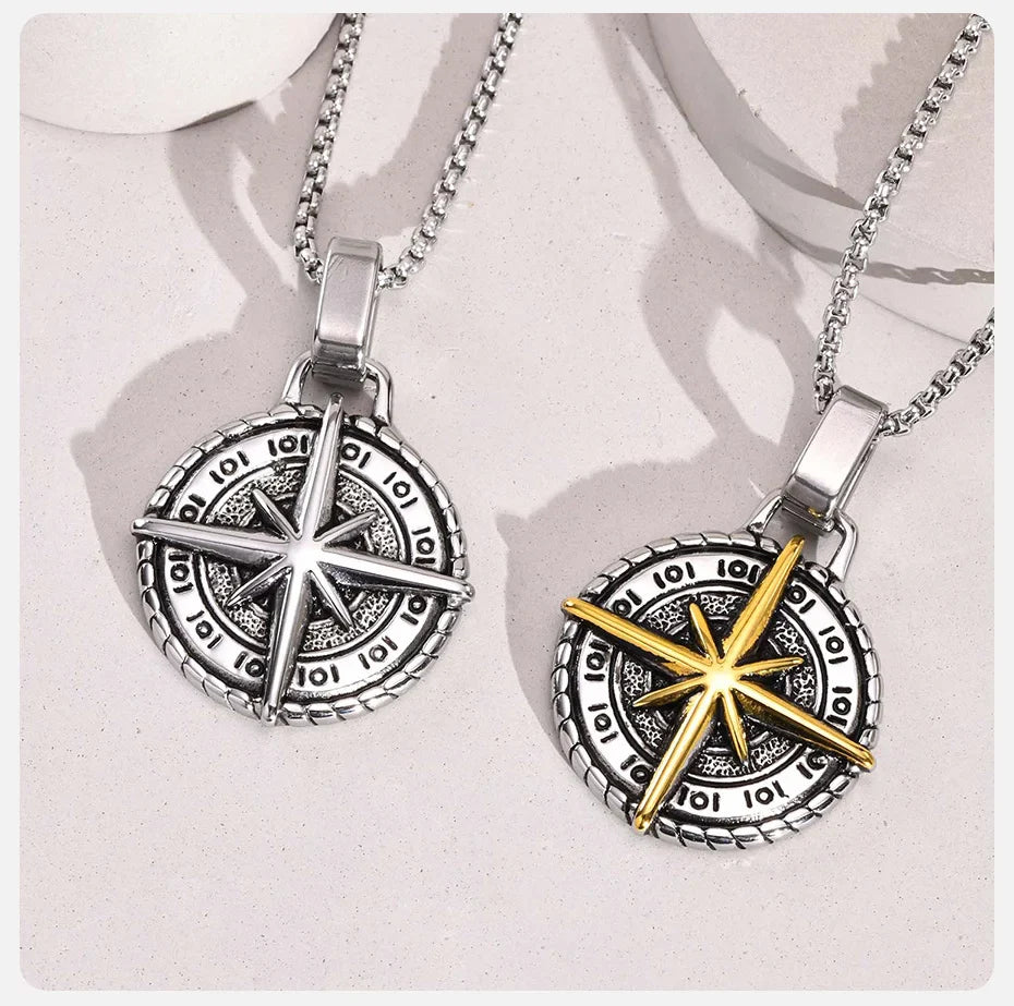 Necklace with Compass Rose Pendant for Men gold