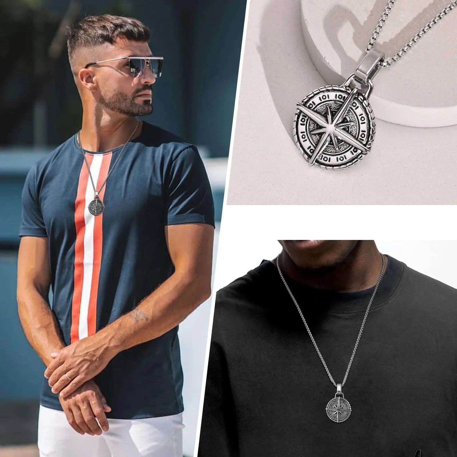 Necklace with Compass Rose Pendant for Men silver