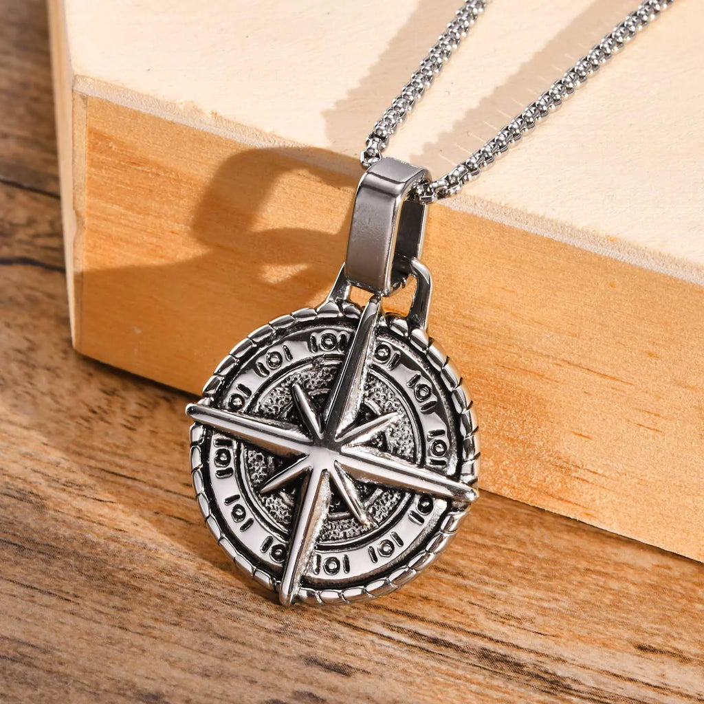 Necklace with Compass Rose Pendant for Men silver