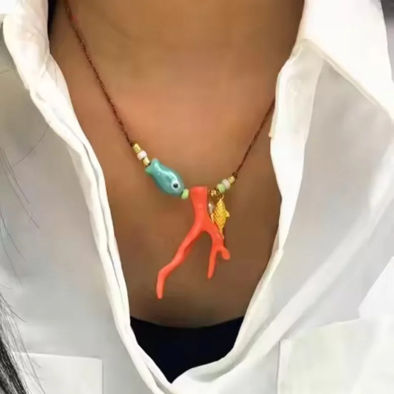 Necklace with Coral and Orange Fish Pendant