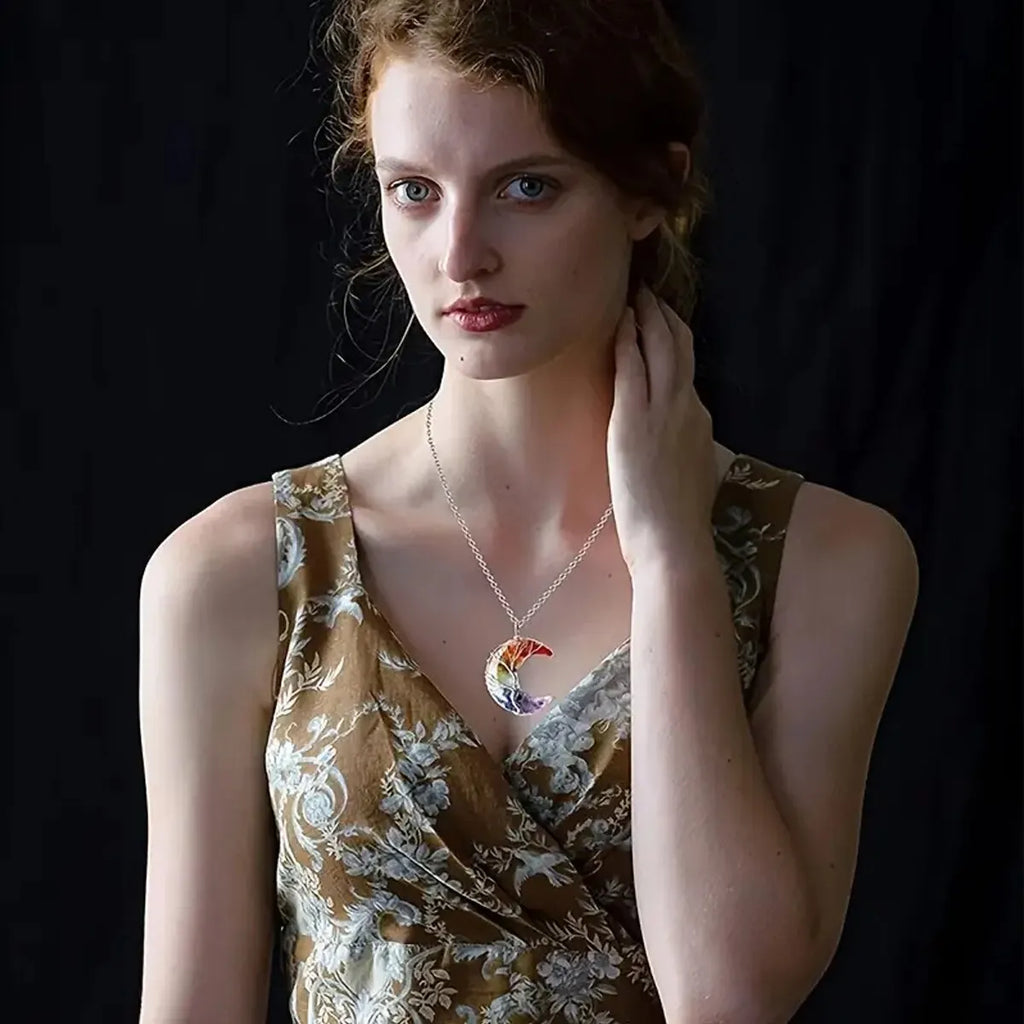 Necklace with Crescent Moon Pendant 7 Chakras