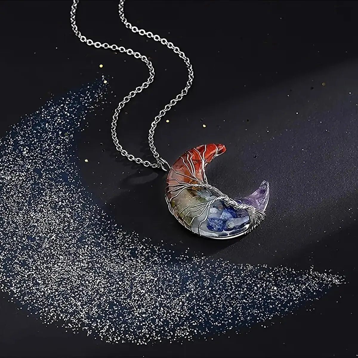Necklace with Crescent Moon Pendant 7 Chakras