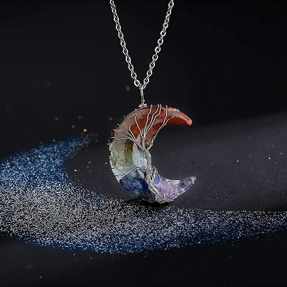 Necklace with Crescent Moon Pendant 7 Chakras