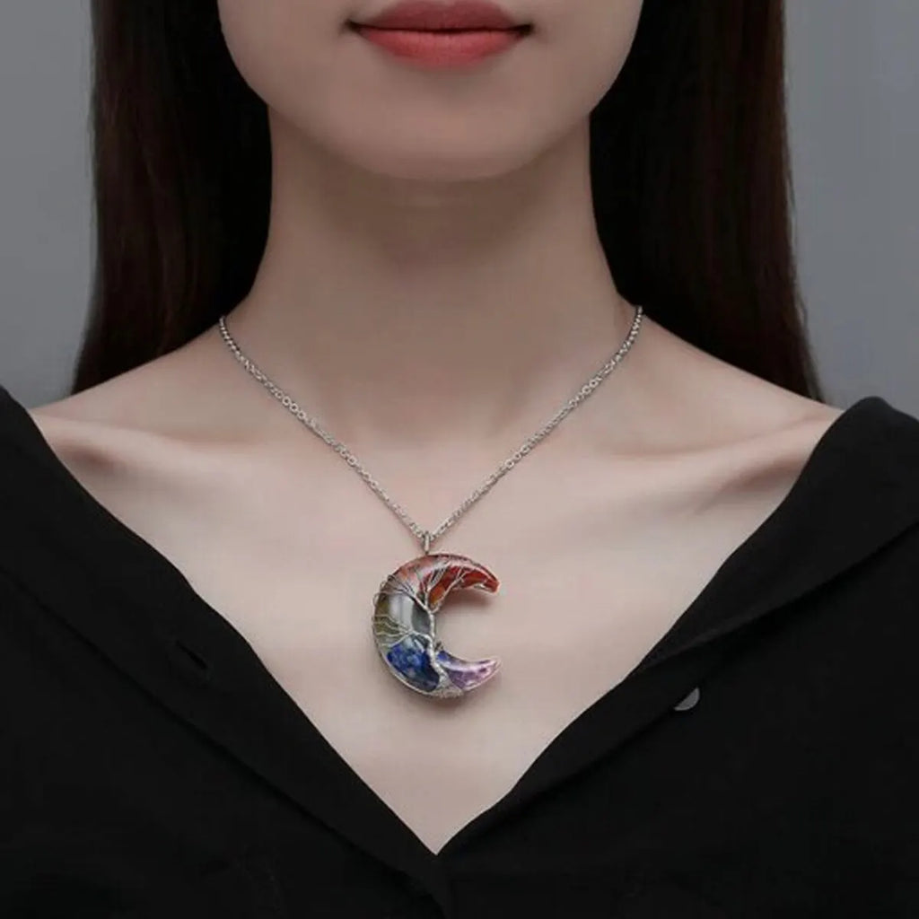 Necklace with Crescent Moon Pendant 7 Chakras