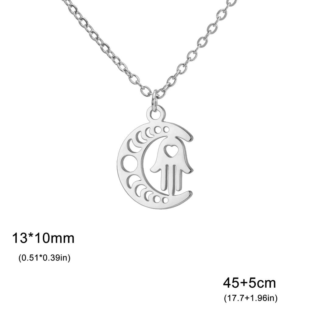Collier avec pendentif islamique croissant de lune et main de Fatma arabe argent
