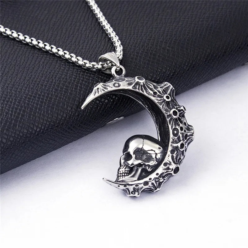 Necklace with Crescent Moon Pendant and Skull