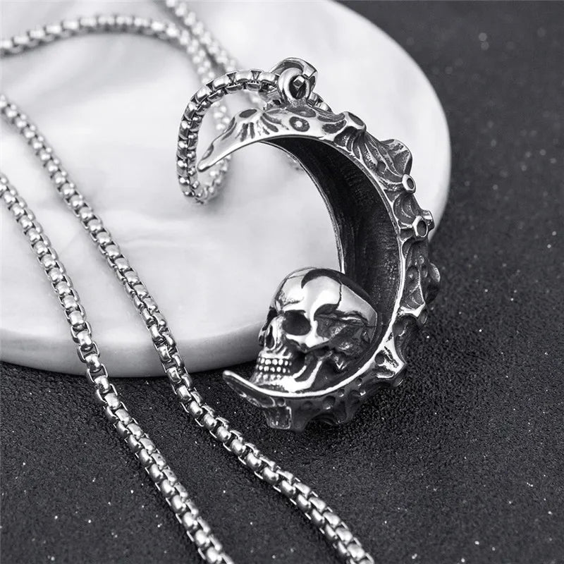 Necklace with Crescent Moon Pendant and Skull