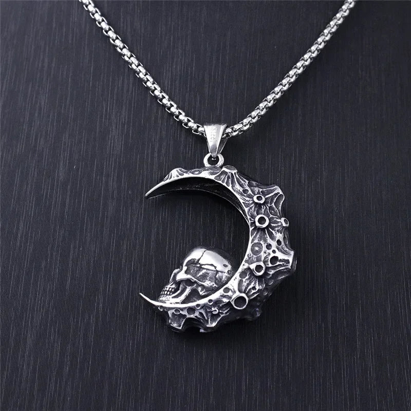 Necklace with Crescent Moon Pendant and Skull
