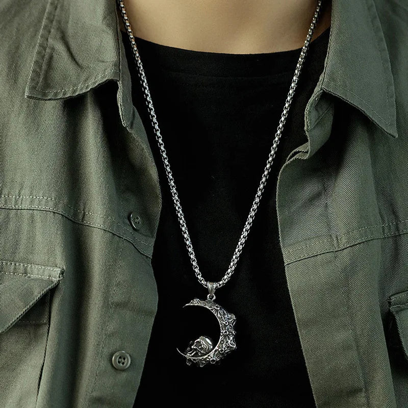 Necklace with Crescent Moon Pendant and Skull