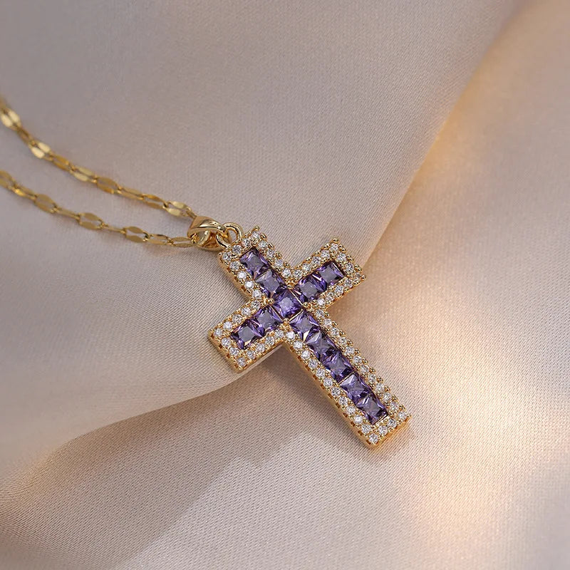 Necklace with Christian Cross Pendant in Zircon C