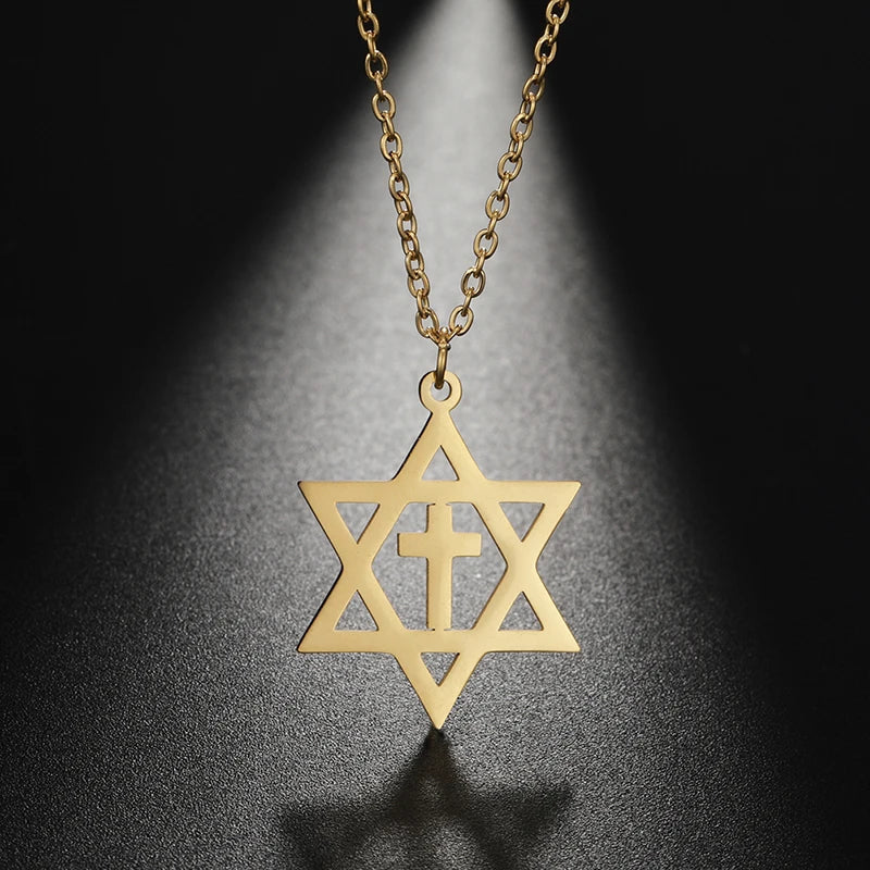 Collier avec pendentif croix et l'étoile de David symboles juifs orthodoxes or