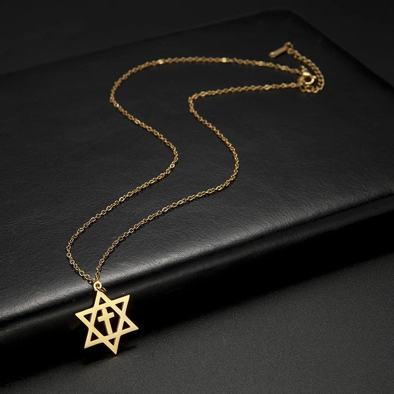 Collier avec pendentif croix et l'étoile de David symboles juifs orthodoxes or