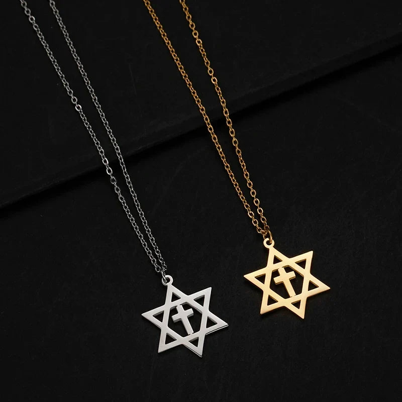 Collier avec pendentif croix et l'étoile de David symboles juifs orthodoxes or