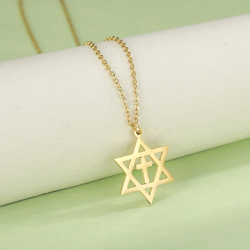 Collier avec pendentif croix et l'étoile de David symboles juifs orthodoxes or