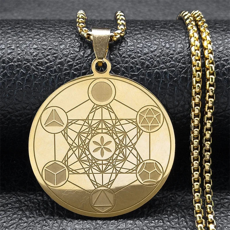 Necklace with Metatron's Cube Pendant for Men or Women gold