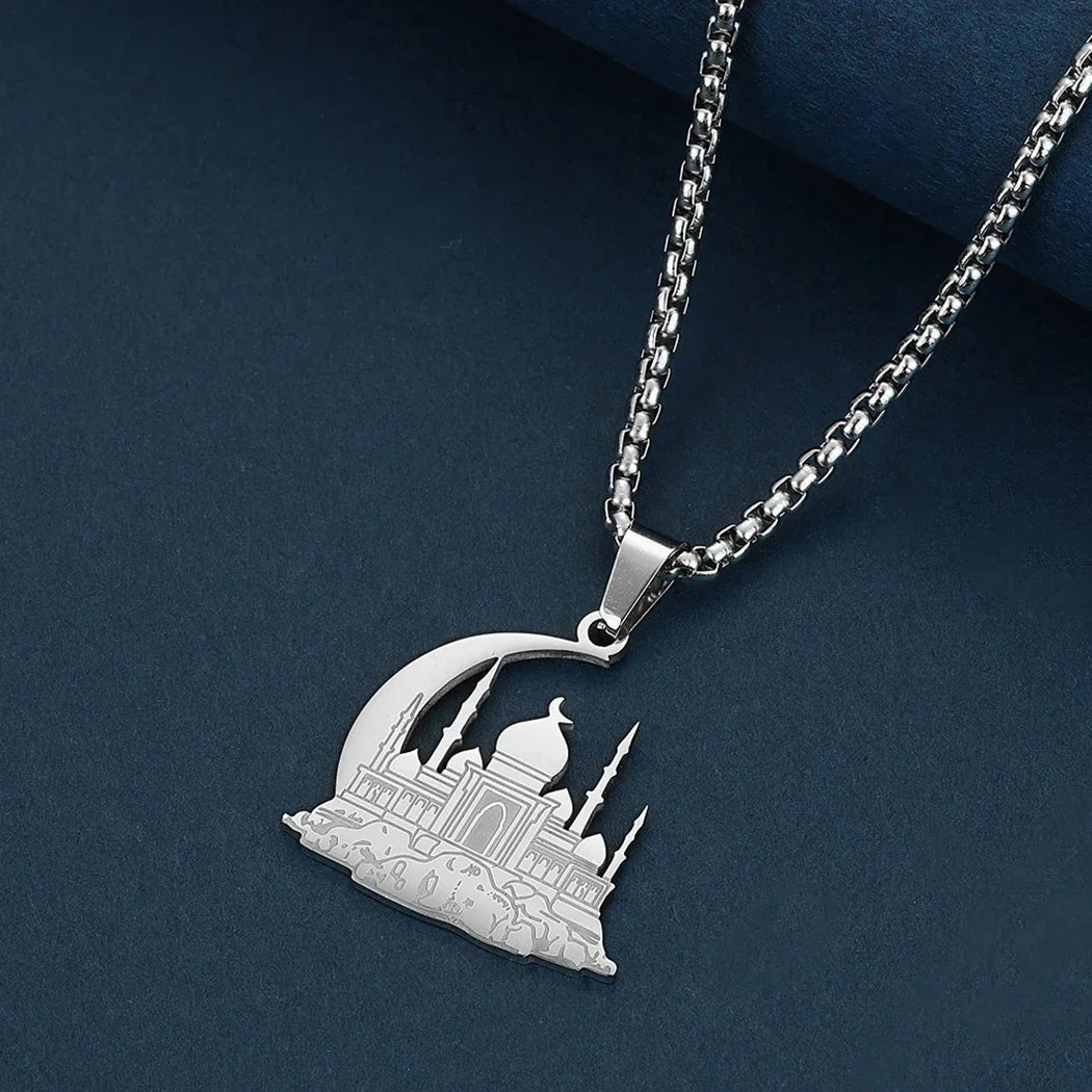 Collier avec pendentif d'une mosquée sur croissant de lune arabe islam musulman argent