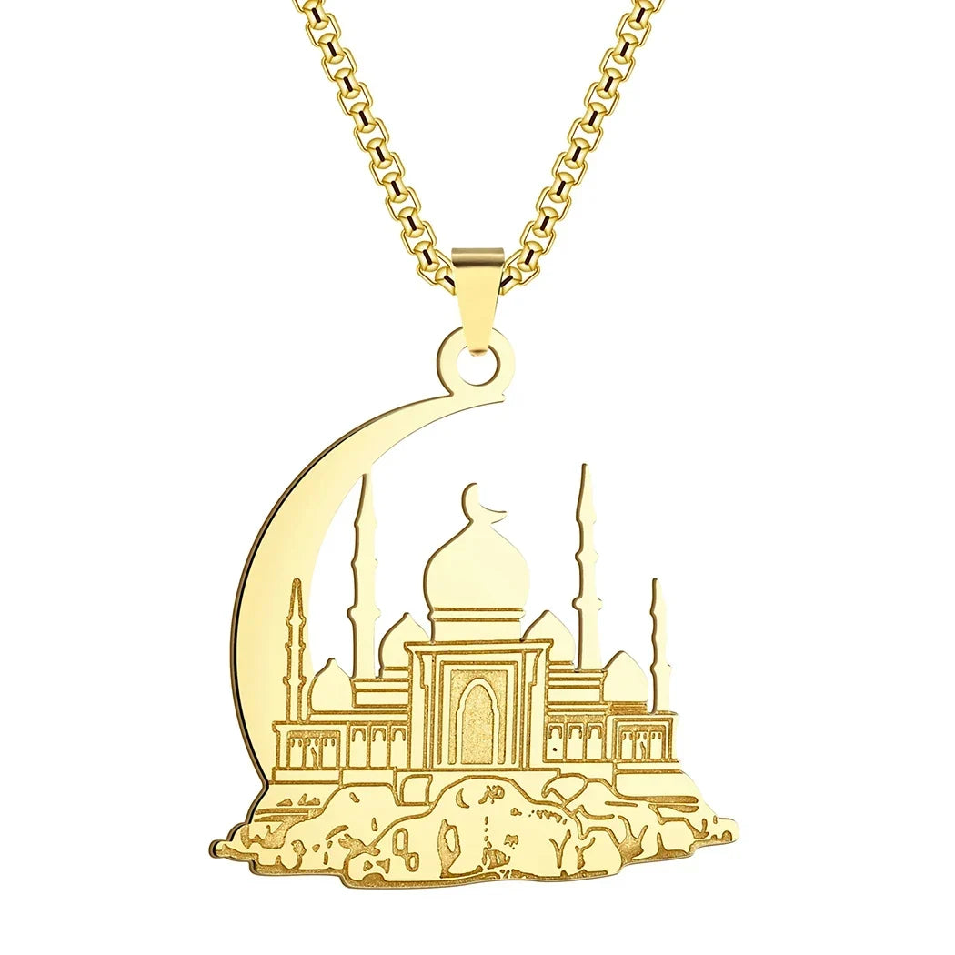 Collier avec pendentif d'une mosquée sur croissant de lune arabe islam musulman or