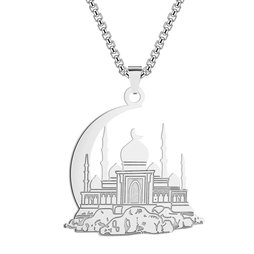 Collier avec pendentif d'une mosquée sur croissant de lune arabe islam musulman argent