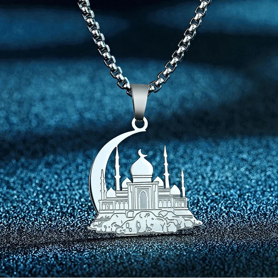 Collier avec pendentif d'une mosquée sur croissant de lune arabe islam musulman argent