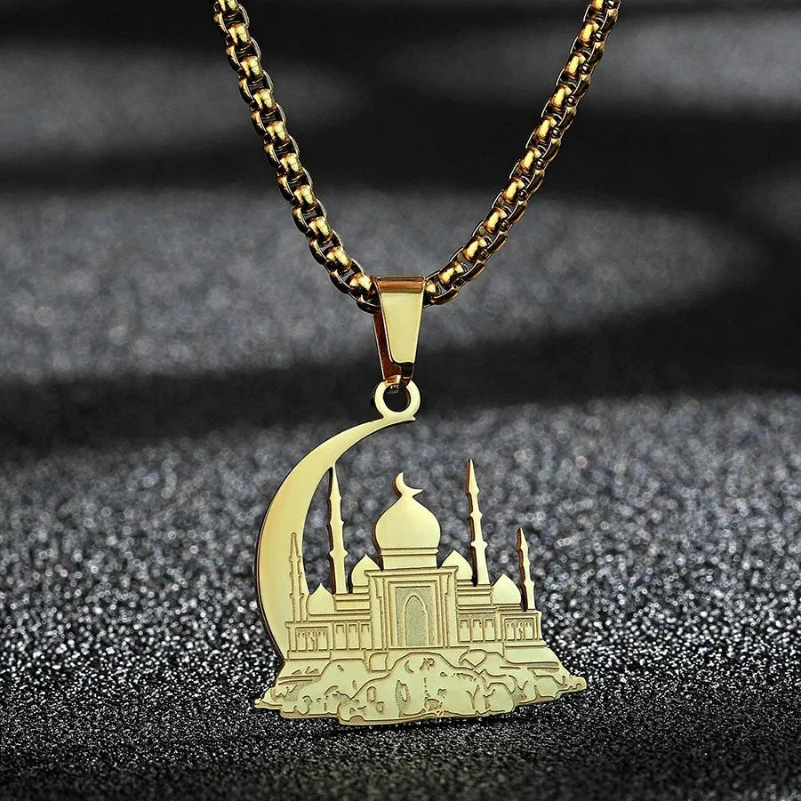 Collier avec pendentif d'une mosquée sur croissant de lune arabe islam musulman or