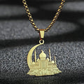 Collier avec pendentif d'une mosquée sur croissant de lune arabe islam musulman or