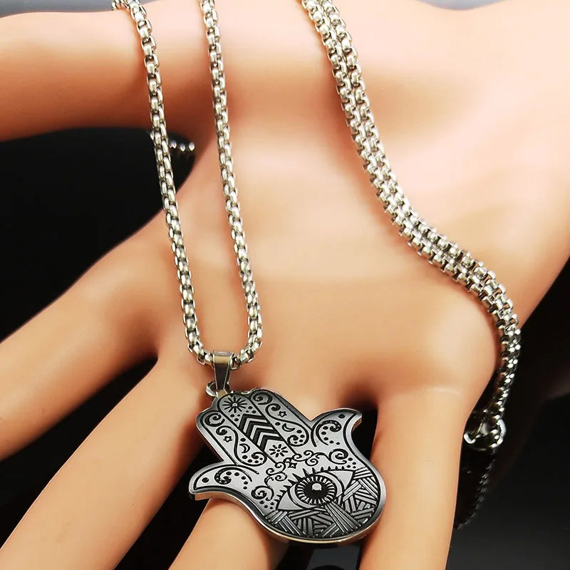 Collier pour homme avec pendentif de protection contre le mauvais œil et main de Fatma arabe oeil