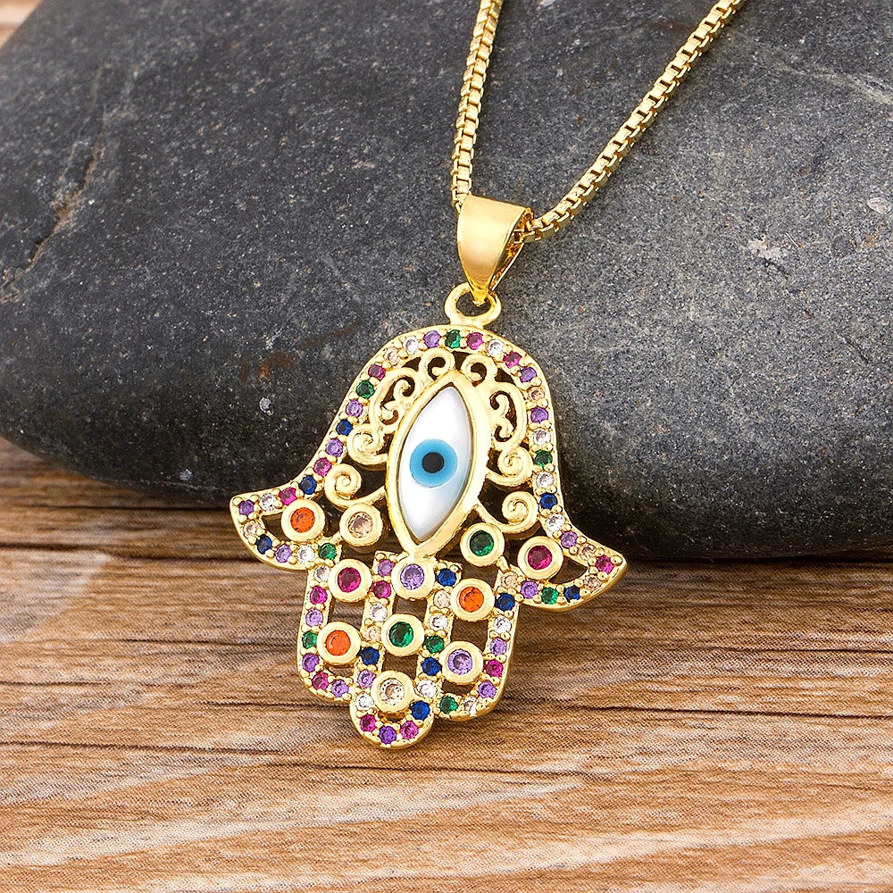 Multicolored evil eye and Hamsa hand protection pendant necklace 