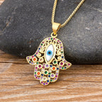 Multicolored evil eye and Hamsa hand protection pendant necklace 